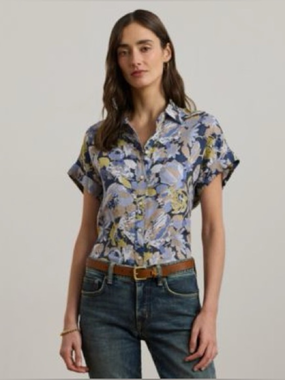 Lauren Ralph Lauren Linen Floral Short-Sleeve Shirt Blouse Women’s Medium